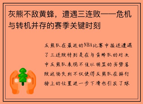 灰熊不敌黄蜂，遭遇三连败——危机与转机并存的赛季关键时刻